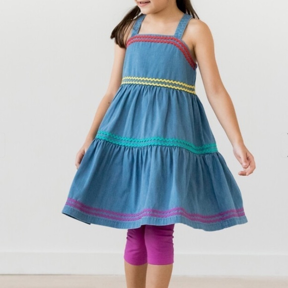 Hanna Andersson Ric Rac Denim Chambray Dress Size 4 Tiered Summer Dress - Picture 1 of 9